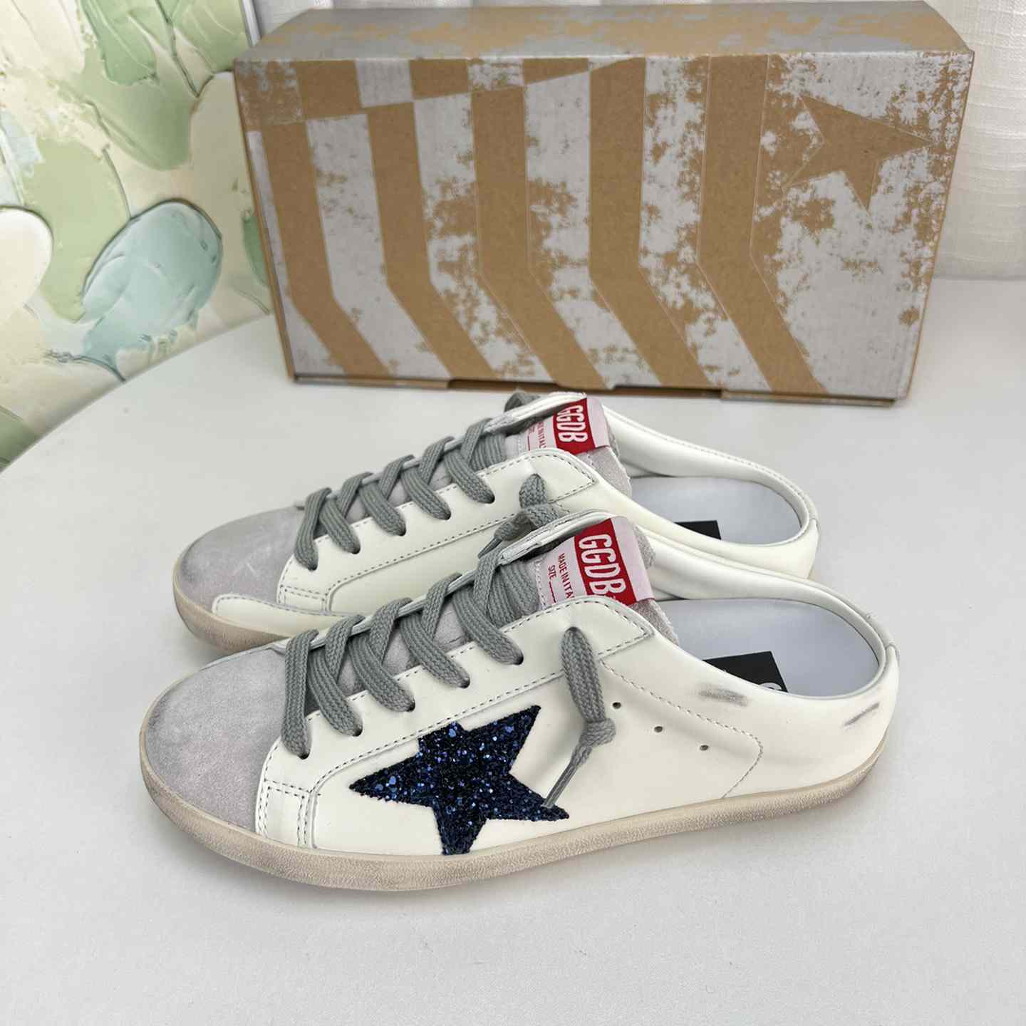 Golden Goose Super-Star Sabots In White Leather With Blue Glitter Star And Dove-Gray Suede Tongue - PerfectKickZ