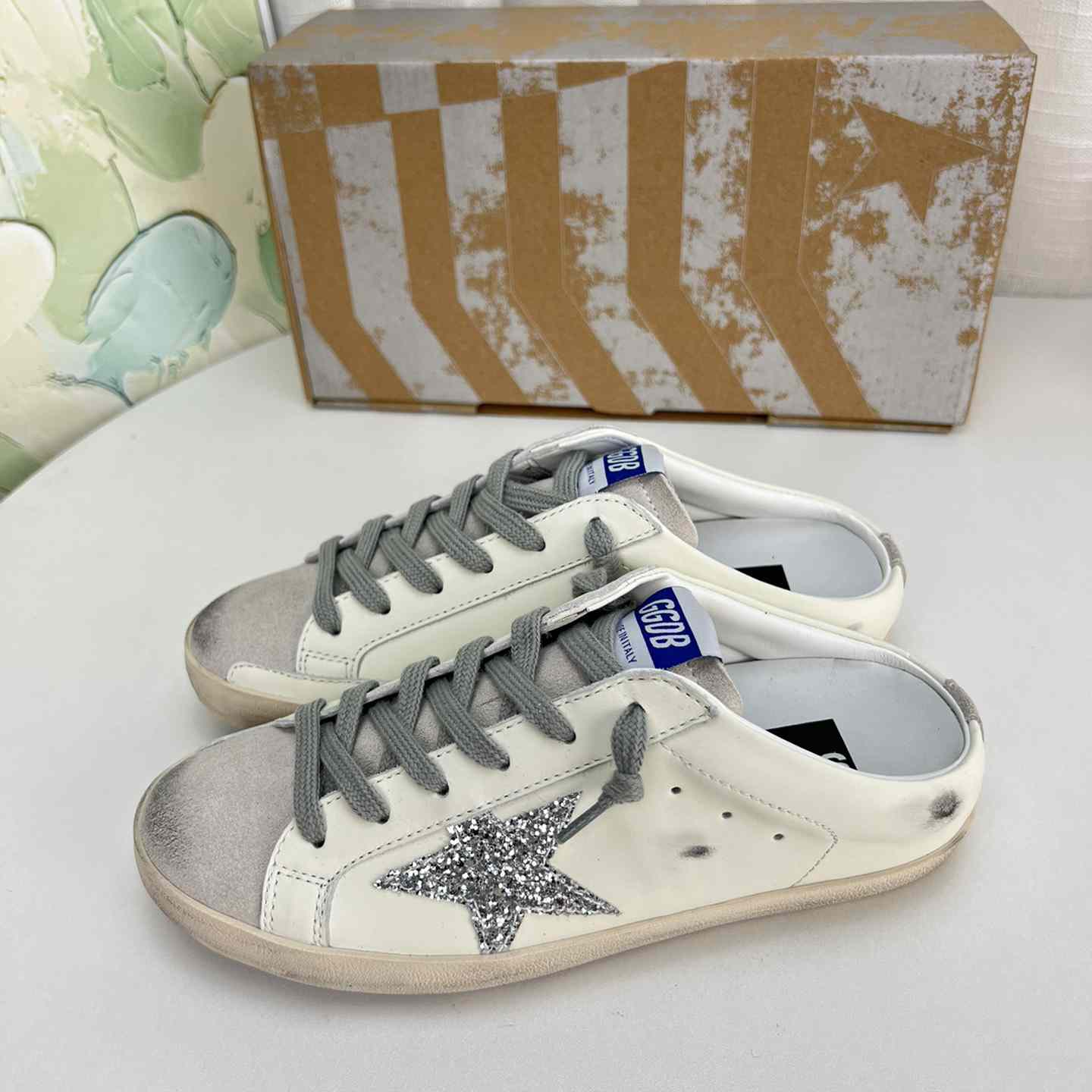 Golden Goose Super-Star Sabots In White Leather And Gray Suede With Silver Glitter Star - PerfectKickZ