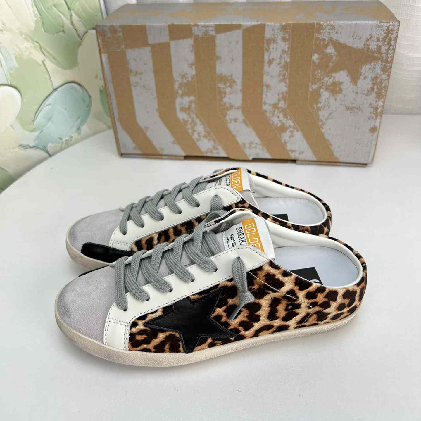 Golden Goose Super-Star Sabots In Leopard-Print Pony Skin With Black Leather Star And Ice-Gray Suede Tongue - PerfectKickZ