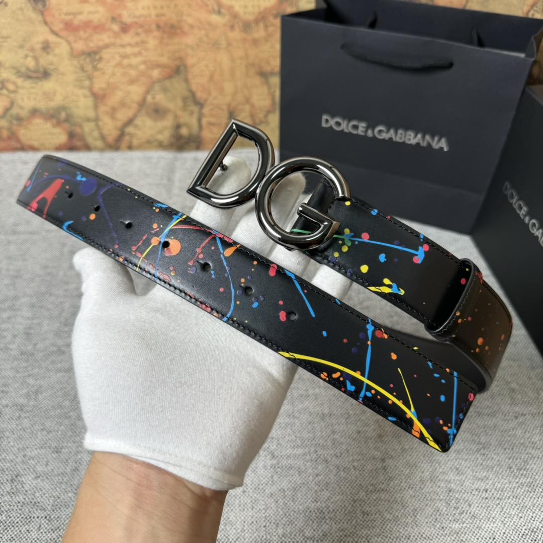 Dolce & Gabbana Paint Splatter Logo Buckle Leather Belt - PerfectKickZ