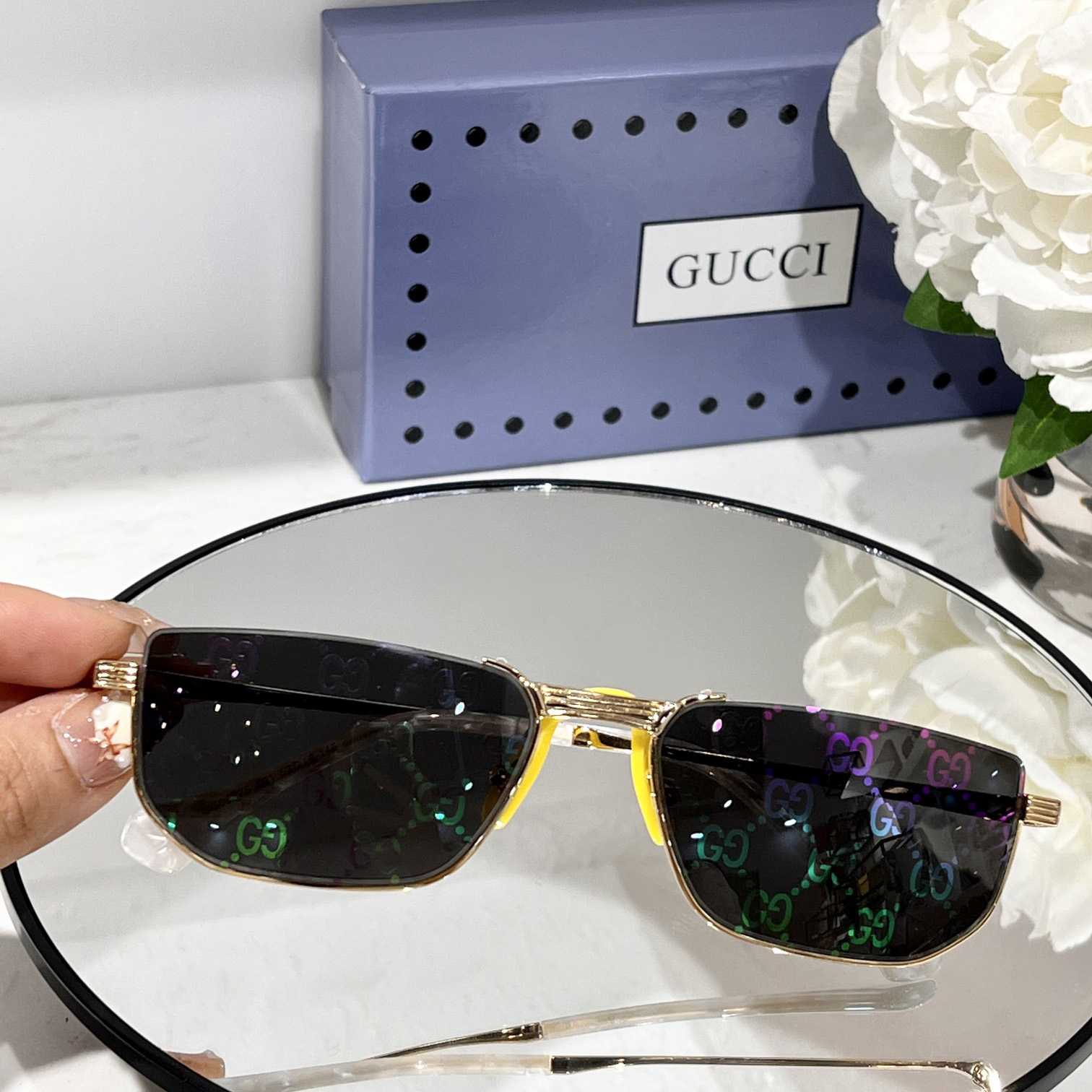 Gucci Rectangle-Frame Gold-Tone Mirrored Sunglasses   GG0627S - PerfectKickZ