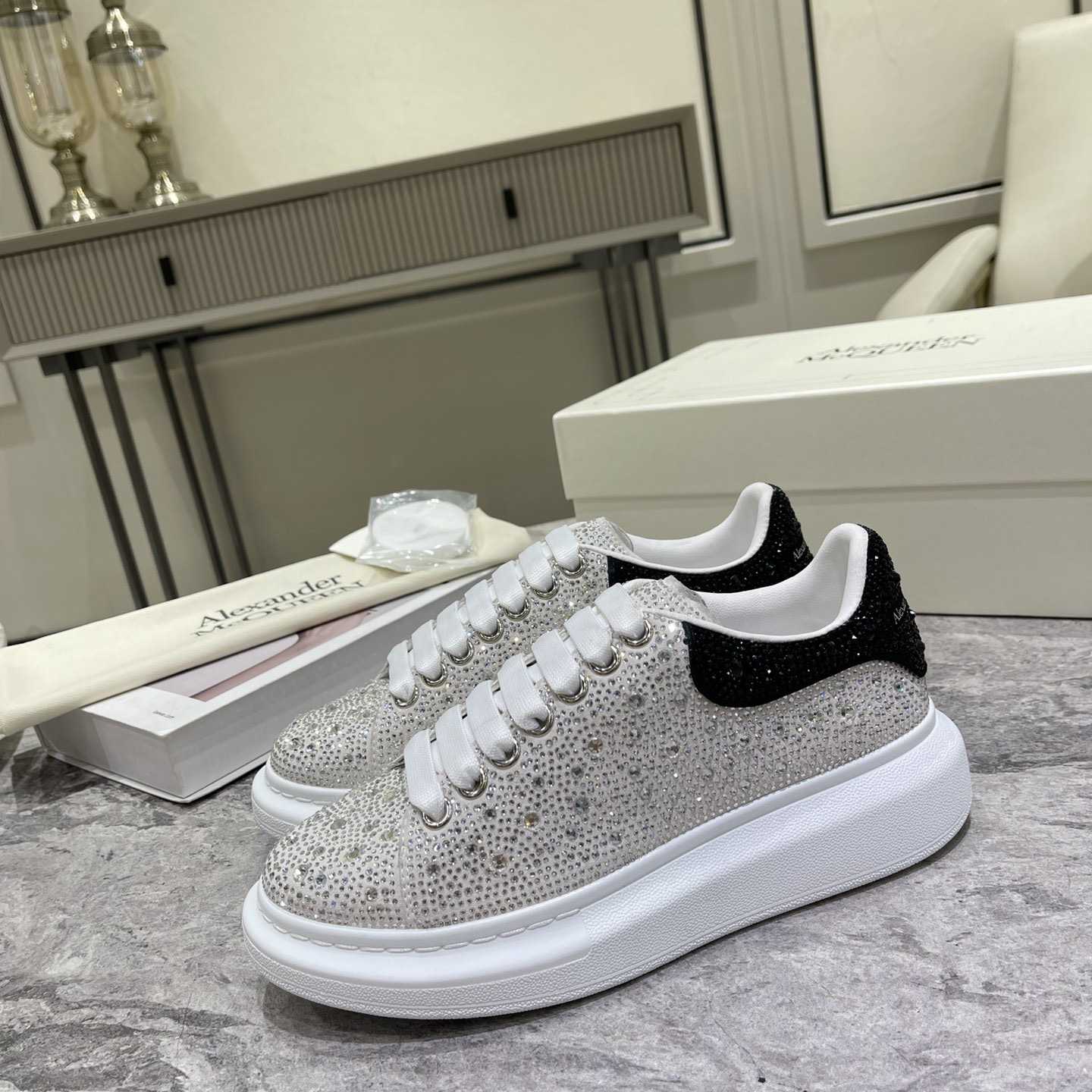 Alexander Mqueen Crystal-embellished Oversized Sneaker In White/Black - PerfectKickZ
